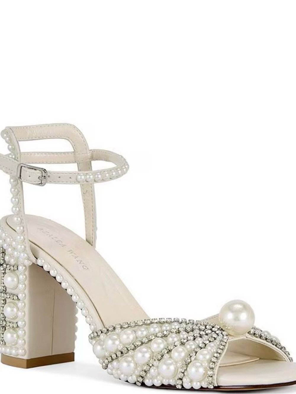 Pearl-Embellished Ivory Block Heel Sandals